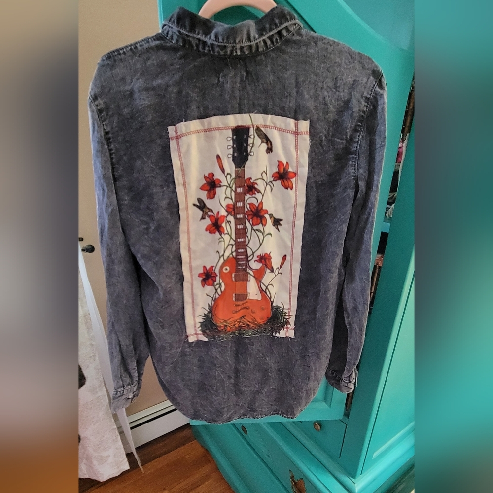 Rayon Button Down Shirt with Guitar Print